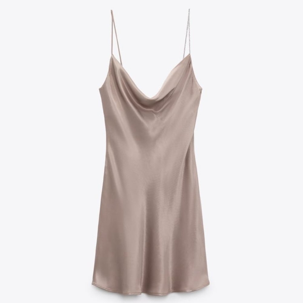 Zara Rhinestone Strap Slip Dress NWT Never Worn Cowl Neck Mini Dress